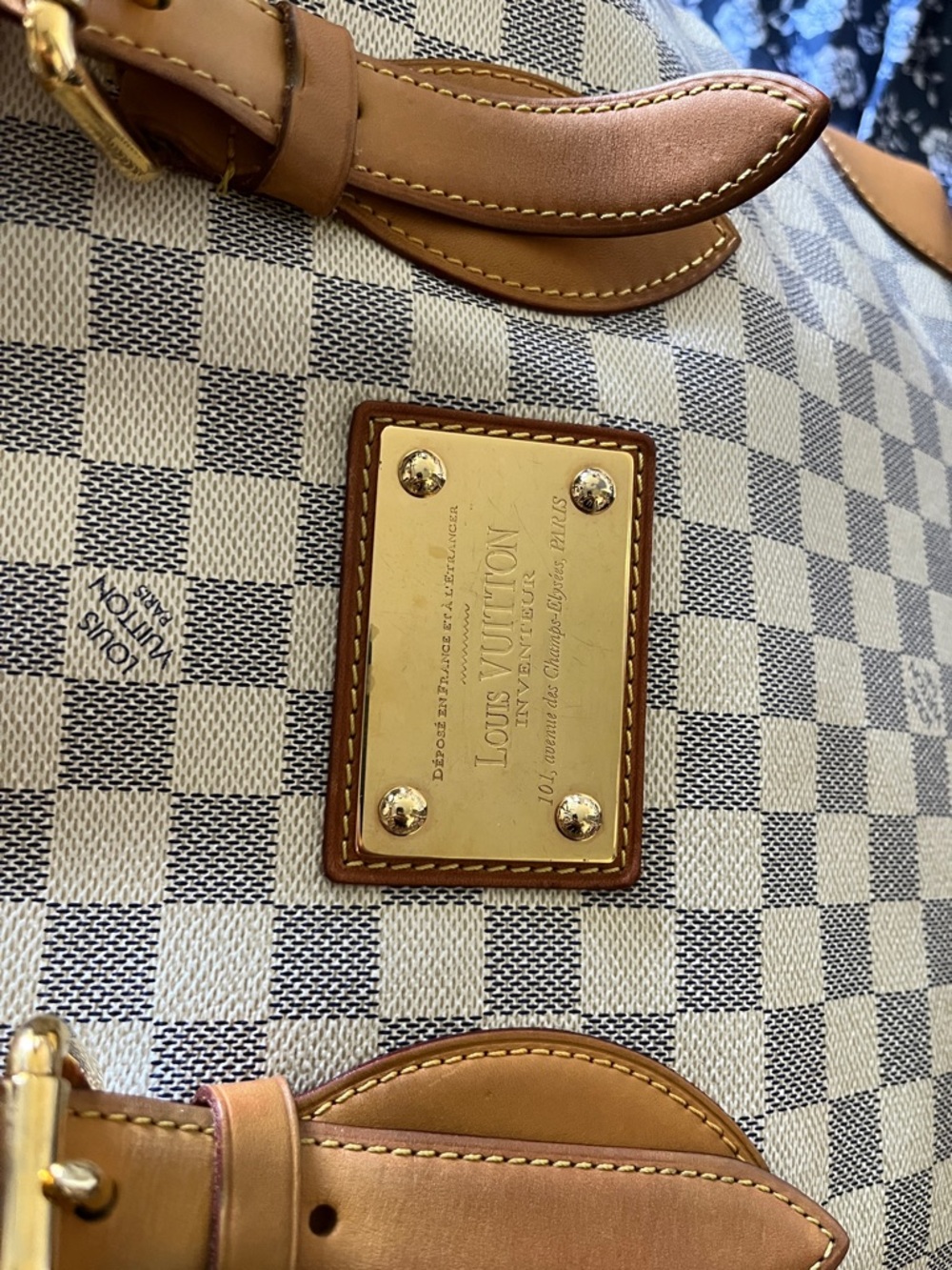 Damier Azur Hamptead MM leather Tote with Tan Leather Trims - Picture 3 of 15